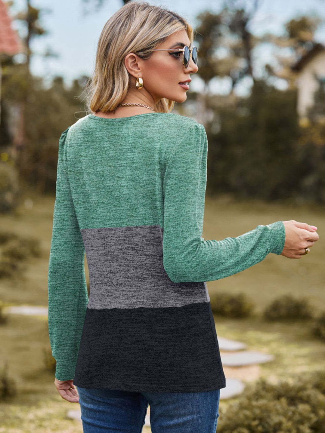 Color Block Square Neck Long Sleeve T-Shirt