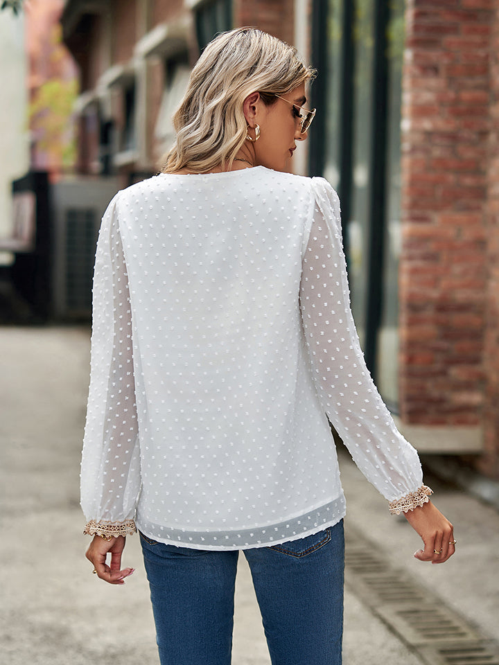 Swiss Dot V-Neck Long Sleeve Blouse